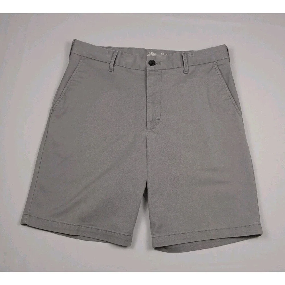 IZOD Saltwater Stretch Mens Size 32 Gray Flat Front Chino Shorts 9.5 Inseam